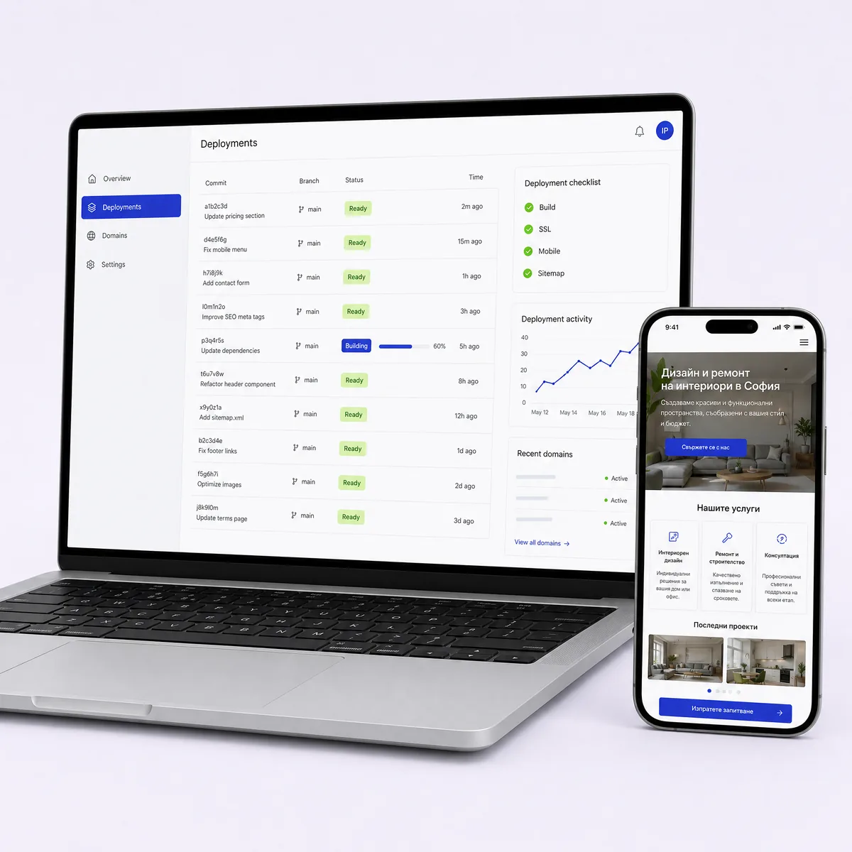 Лаптоп с таблица на публикуванията и чеклист Build, SSL, Mobile, Sitemap, до него телефон с готовия сайт на български