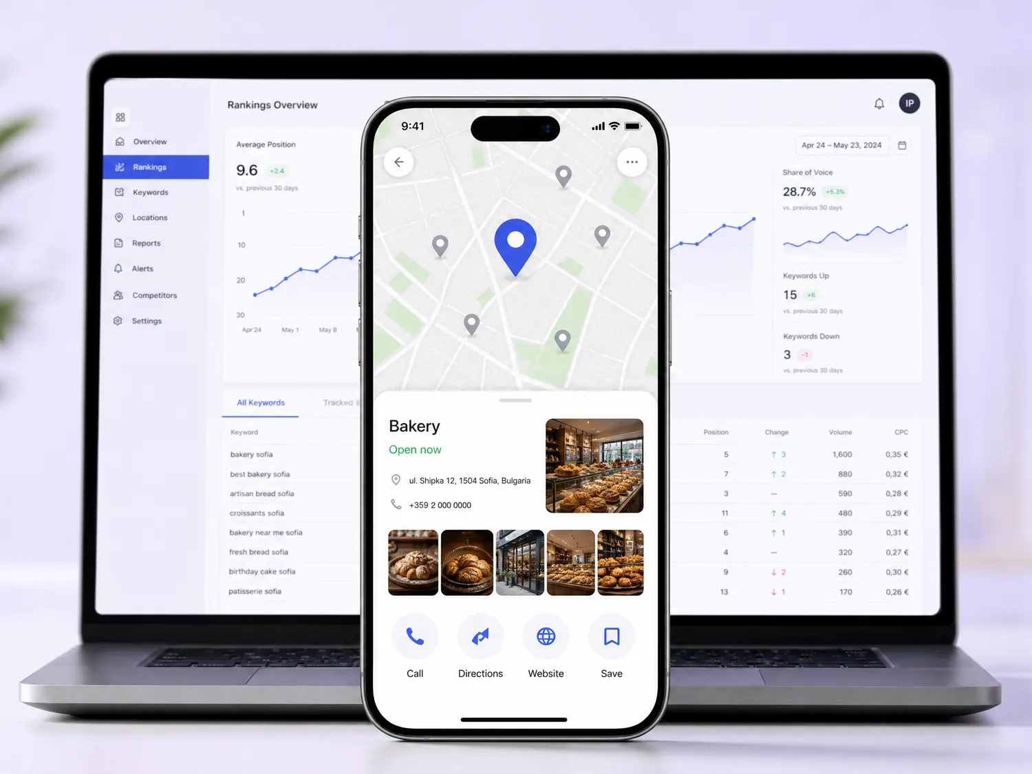 SEO и Google Maps: профил на пекарна в карта на телефона и табло с позиции в търсенето на лаптоп